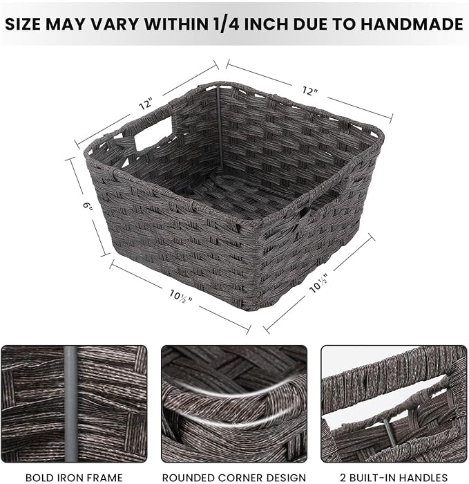 2-Pack Plastic Wicker Storage Baskets for Bathroom, 12"x12"x6", Dark Grey | onlytak woven storage bins for shelves, toilet paper, closet, and home organizing – stackable, durable.