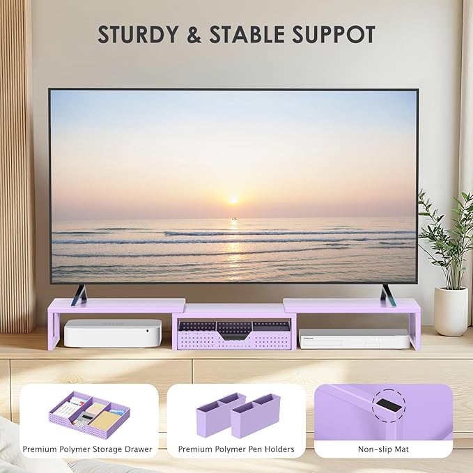 OPNICE Desk Organizers and Accessories, Dual Monitor Stand Riser with Drawer and 2 Pen Holders, Desk Shelf Computer Racks for Office Workspace Organizers, Desktop Organization (Purple)