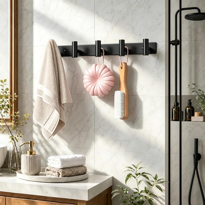 Coat Rack Wall Mounted with 5 Hooks,Heavy Duty Stainless Steel Wall Hooks for Towel Coat Bag, Hat Rack Coat Hanger Coat Hooks Towel Racks for Bathroom Entryway Kitchen Hotel (Black, 2 Packs)