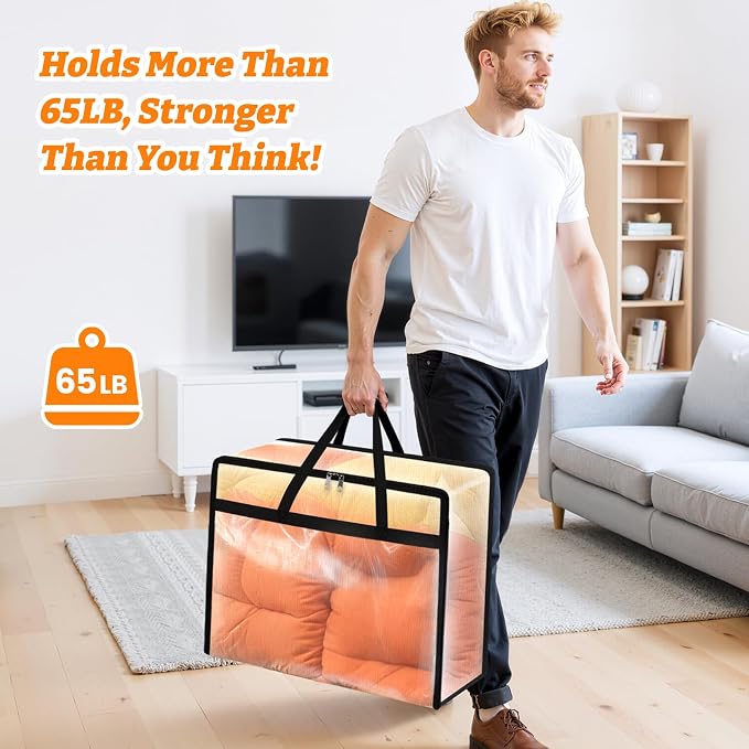BlissTotes 8 Pack Clear Clothes Storage Bags, Moving Bags, Foldable Blanket Storage Under Bed Storage Containers with Sturdy Zipper and Handle for Clothing, Comforter, Bedding, Sheet (40L)