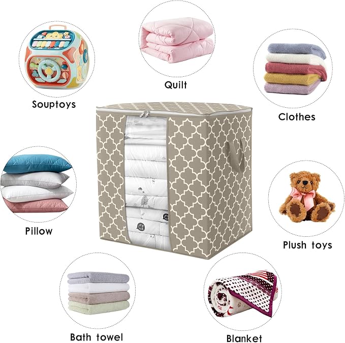 WISELIFE Storage Bags 6 Pack/100L Large Blanket Clothes Organization and Storage Containers for Comforters,Bedding, Foldable Organizer with Reinforced Handle, Clear Window, Sturdy Zippers,Beige