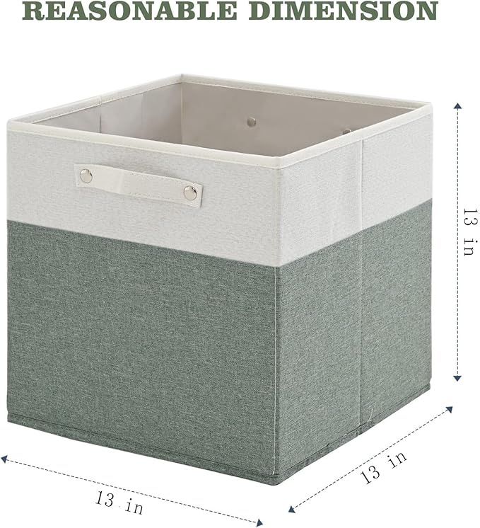 FinishingBo 13x13x13 Storage Cube Bins 6 Pack, Cube Shelf Baskets | Foldable Storage Cubes, Linen Storage Bins with Handles, Closet Organizers, White/Green
