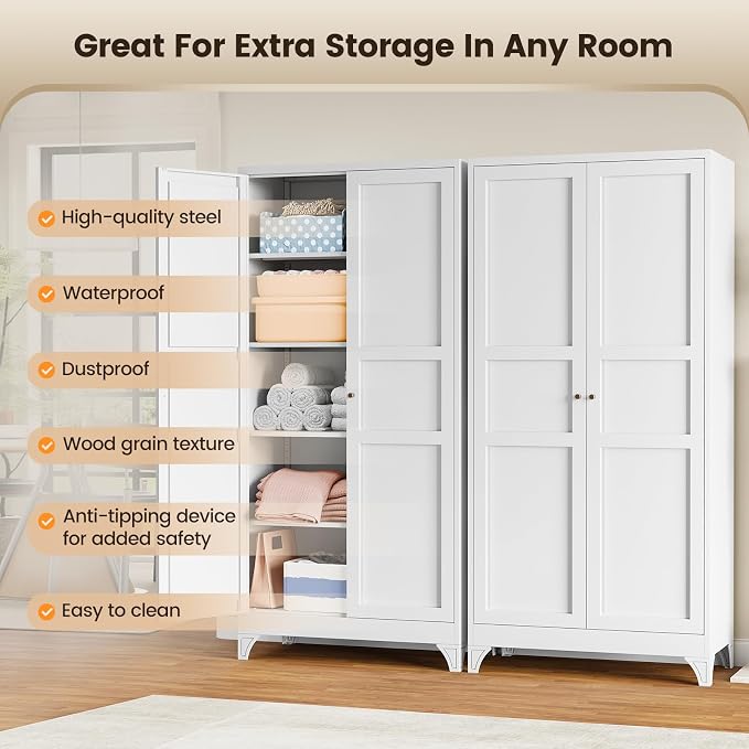 Yizosh Metal Storage Cabinet with 2 Doors and 4 Adjustable Shelves - 61" White Kitchen Pantry Storage 5-Tier Tall Steel Cabinets Locker for Kitchen, Living Room, Dining Room