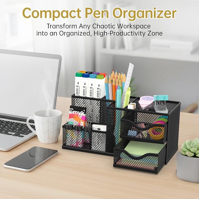 Mesh Desk Organizer with 2 Drawers and 5 Compartments, Pen Holder for Desk | Versatile Storage for Pens, Notes, Clips, Desk Accessories and Office Supplies for School Office Classroom