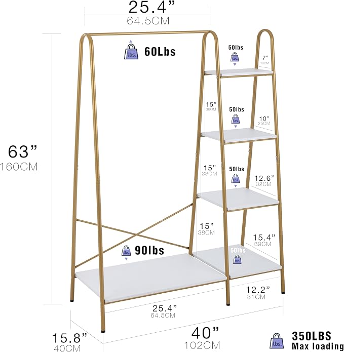 Finnhomy Clothes Rack, Clothing Rack for Hanging Clothes Heavy Duty Garment Rack with 5 Wood Shelves Freestanding Portable Closet Organizer for Bedroom/Entryway/Boutiques，Gold