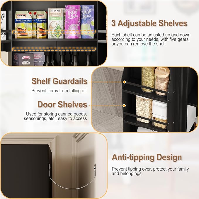 GAIOUS Metal Kitchen Pantry Cabinet, Storage Cabinets with 2 Door and 3 Adjustable Shelves, Black Freestanding Food Storage Cabinet, Steel Cupboard for Kitchen Dinning Room