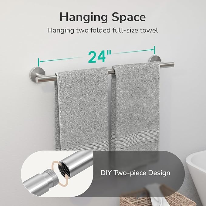 USHOWER 2-Pack Brushed Nickel Towel Bar, 24-Inch Towel Racks for Bathroom | Thicken SUS304 Stainless Steel Towel Rod, Towel Holder Wall-Mounted, Modern Home Decor (Total Length 26-Inch)