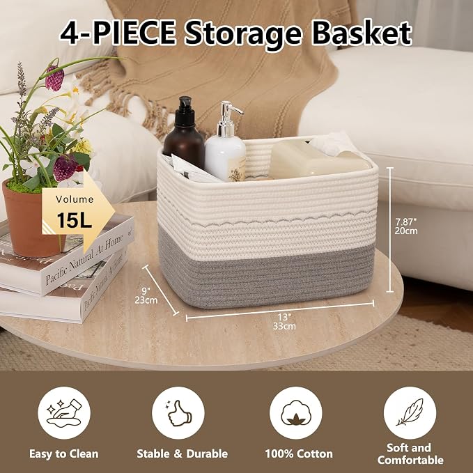 OIASKET 4 Pack Storage Baskets for Organizing, 13"X9"X7.87", Decorative Cotton Rope Baskets for Shelves, Small Woven Basket for Toys, Books and Towels, Grey & White