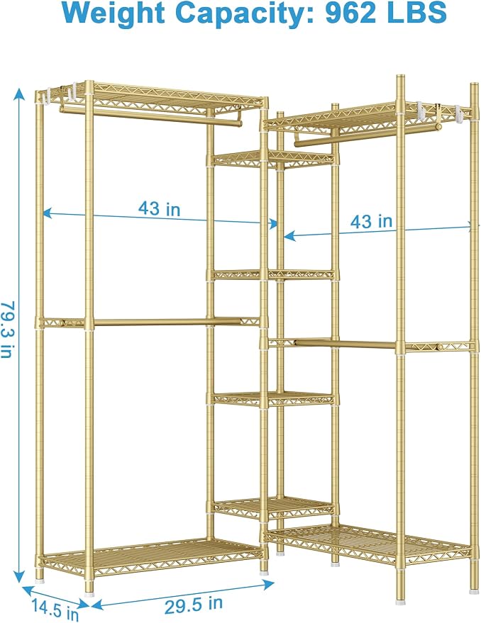 Ulif E4 Clothes Rack, Heavy-Duty Garment Rack Can Be L-Shaped Closet, Gold | Metal Freestanding Clothing Organization Storage System with Shelves and Hangers, Load 962lbs, 70.8"W x 14.5"D x 79.3"H