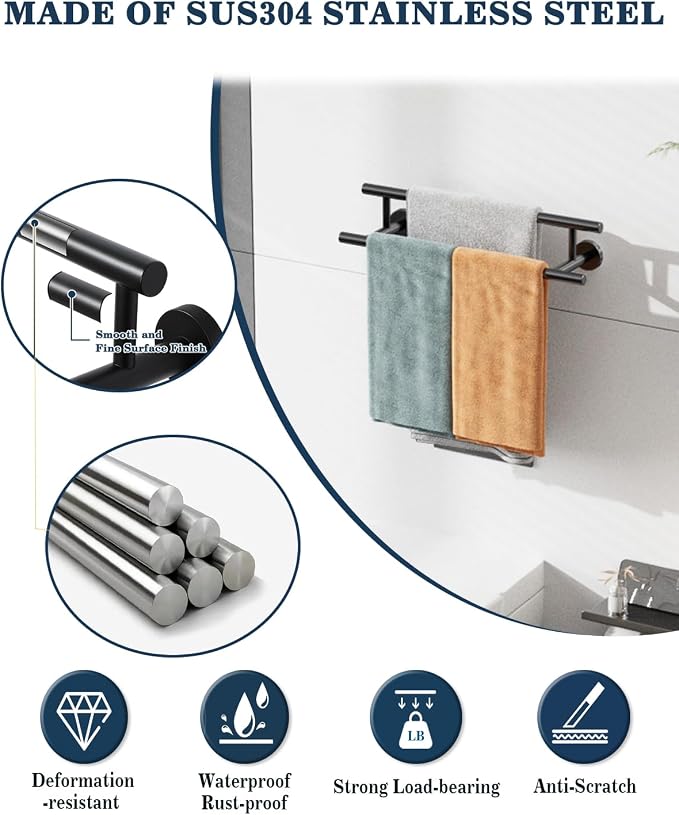 Alise Double Towel Bar Black,16" Towel Racks for Bathroom Wall Mounted | Bathroom Towel Rack SUS304 Stainless Steel Bathroom Towel Holder Quick Drying Hand Towel Holder Towel Bar for Walls