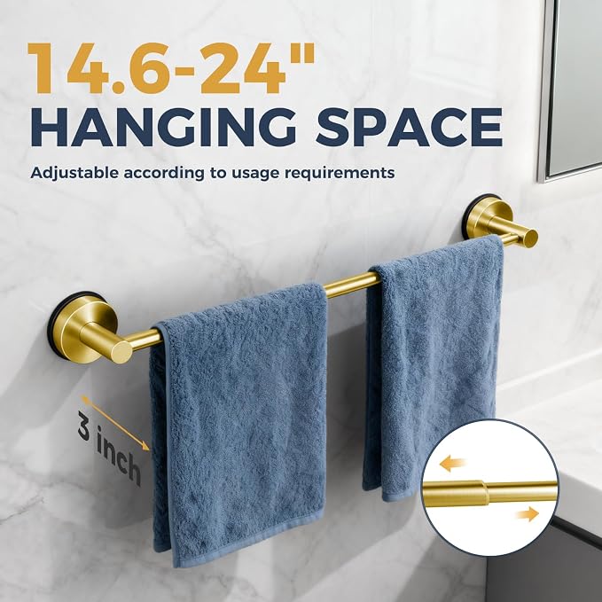 14.6inch~24inch Towel Racks for Bathroom,Adjustable Suction Cup Towel Bar for Bathroom Wall,Stainless Steel Bath Towel Holder for Shower(Brushed Gold)