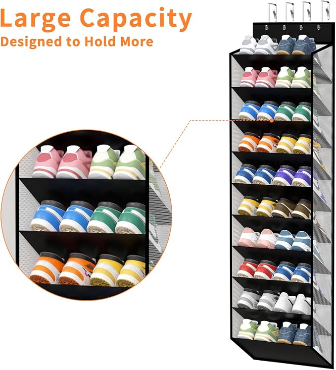 KEEPJOY 10-Tier Over Door Mesh Shoe Organizer with Large Deep Pockets, Hanging Door Shoe Storage Rack That Holds 20–30 Pairs of Sneakers, Boots and Other Footwear (Piano White)