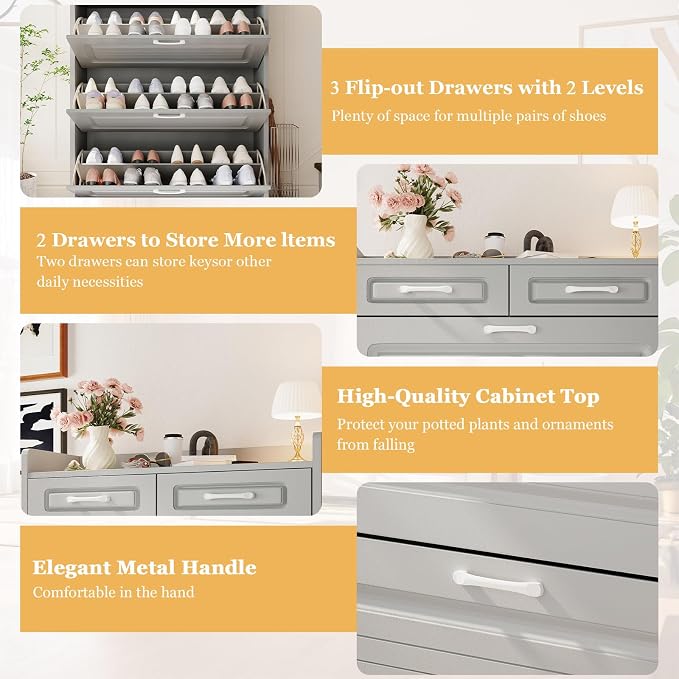 ODUWA Shoe Cabinet with 3 Flip Drawers and 2 Storage Drawers, Shoes Organizer Cabinets with Adjustable Divider, Hidden Shoe Storage Cabinet for Entryway, Hallway, Living Room, Light Grey