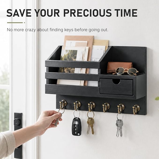 FifthQuarter Key and Mail Holder Wall Mount with Drawer and 6 Sturdy Hooks | Wooden Entryway Organizer and Decorative, Easy Installation