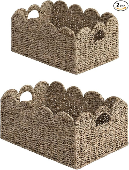 StorageWorks Scalloped Wicker Basket, Woven Baskets for Storage, Rattan Baskets with Handles, Seagrass Basket for Organizing and Decor, 2 Pack