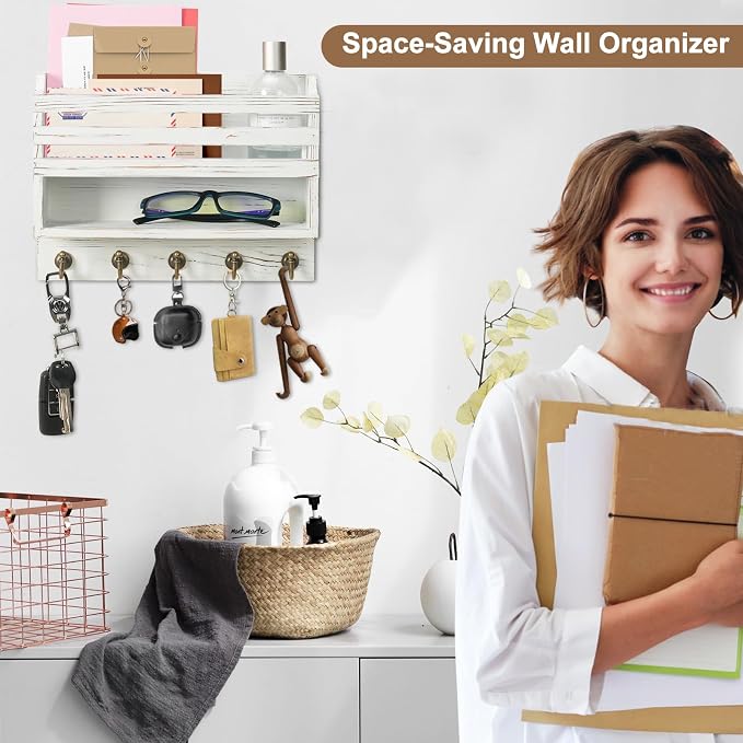 Key Holder Wall Mount with Mail Organizer, 5 Key Hooks, White | Wood Mail Organizer Wall Mounted with 5 Key Hooks & Storage Box and Mail Organizer for Entryway, Apartment, Home and Office