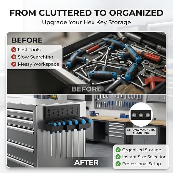 Magnetic T-Handle Hex Key Organizer Rack,Professional Workshop Wall Mount Metric Allen Wrench Holder,Tool Cabinet Storage Stand for Harbor Freight ICON (Tools Not Included)