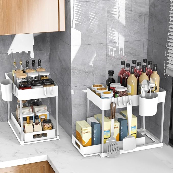 2 Pack Under Sink Organizer with Pull-Out Drawer, White | 2-Tier Cabinet Storage, Kitchen & Bathroom, Tool-Free Assembly, Fits Cleaning Supplies & Toiletries, Space Saving