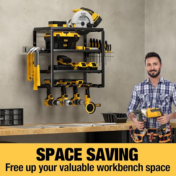 YYR 4 Layer Power Tool Organizer Wall Mount, Cordless Drill Hanger Storage Rack, Battery Tools Holder with Charging Station Shelf for Garage Organization, Workshop, Pegboard, Shed - 16 Inch 4 Slots