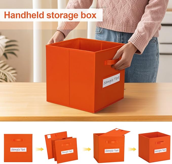 13x13 storage cube bins (Set of 10) Foldable Fabric storage cubes with 10 Labels Window Cards & a Pen,13 inch cube storage bins,Closet Organizers for Shelves,Cubby Organizer Boxes,Orange