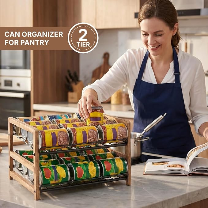 DGWJSU Can Organizer for Pantry 2-Tier, Holds up to 24 Cans Storage | Cans Holders for Pantry, Cabinet, Countertop, Carbonized Brown