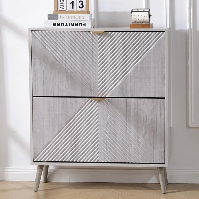 oakvivo Shoe Cabinet with 2 Flip Drawers, Freestanding Shoe Organizer with 4 Wooden feet, Modern Shoes Storage Cabinet for Entryway, Hidden Narrow Shoe Rack Cabinet for Foyer, Hallway, Mudroom, Grey