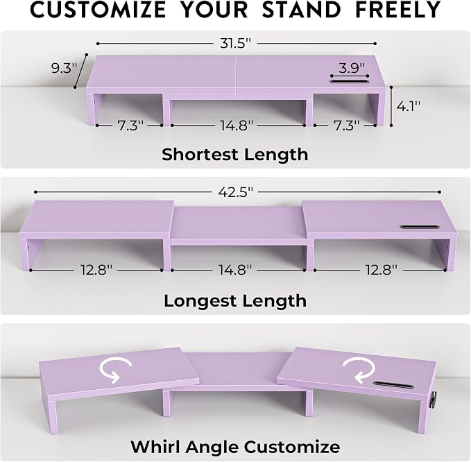 BONTEC Dual Monitor Stand Riser, Adjustable Length & Swivel Angle, Purple | Ergonomic Wooden Desktop Organizer with Smartphone Holder, Computer Monitor Stand for PC, Laptop, Printer and Large Storage