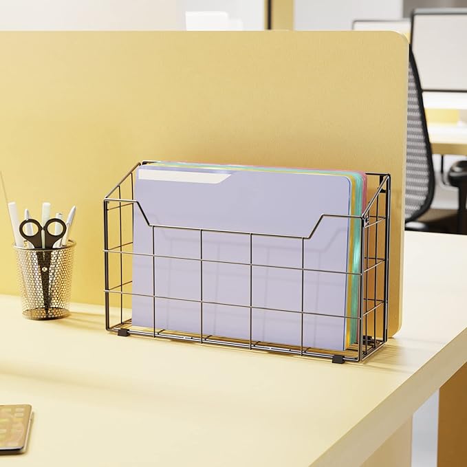Univivi 3 Pack Wall File Organizer Rack 14 inch Hanging File Holder, Black | Metal Hanging Wall Files with Rubber Feet, PP Board Bottom Support, Mounts on Wall and Desktop File Organizer for Home Office