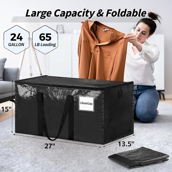 8 Pack Extra Large Clothes Storage Bins with Lids, Storage Bags with Reinforced Handles & Heavy-Duty Zippers, Moving Bags, Moving Boxes Totes for Clothes Packing, Dorms, College Supplies, Black