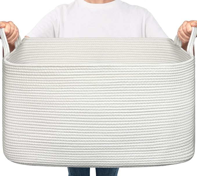 Goodpick Large Cotton Rope Blanket Basket, Rectangle, White | 21.6 x 14.9 x 11.8 in, Reinforced Handles, Living Room, Bedroom & Nursery Organization, Blankets, Toys & Bedding Storage