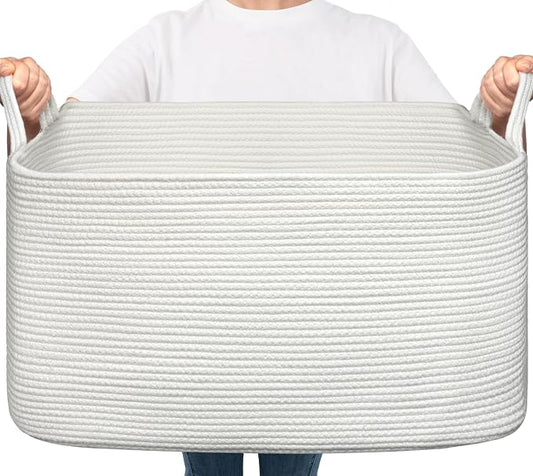 Goodpick Large Cotton Rope Blanket Basket, Rectangle, White | 21.6 x 14.9 x 11.8 in, Reinforced Handles, Living Room, Bedroom & Nursery Organization, Blankets, Toys & Bedding Storage