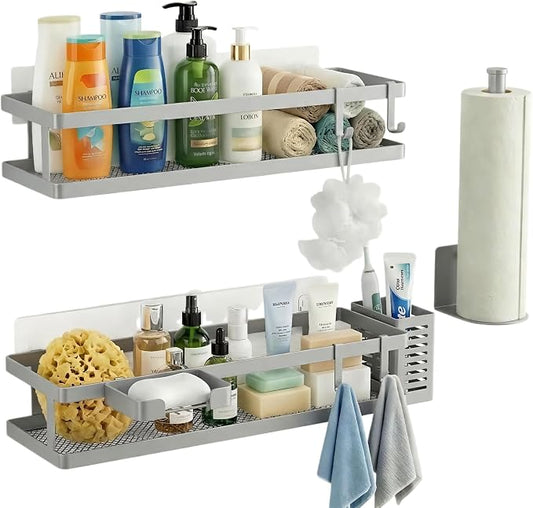PUSDON 5-in-1 16.5" Extra Long Kitchen Organizer & Shower Caddy Set, Wall Mount Spice Rack with Paper Towel Holder, Utensil Holder & Soap Dish, Rustproof Mesh - Silver Gray, Guardrail