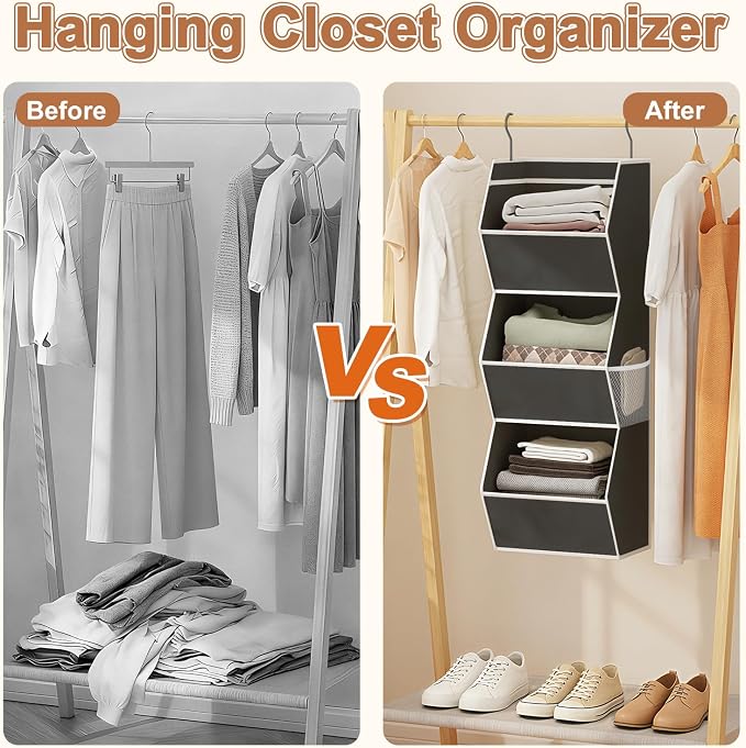 Hanging Closet Organizer 3 Shelf Collapsible Bedroom Closet Organizers and Storage Hanging with Mesh Pocket for Clothes, Closet Hanging Organizers and Storage for Fabric Wardrobe Space Saver, Black