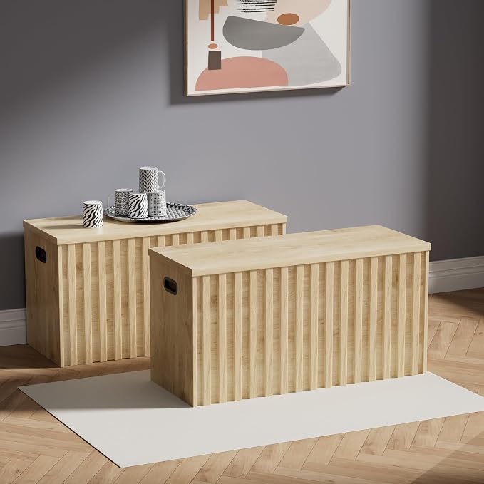 Storage Bench Set of 2, 39.4" Wood Storage Trunk with 2 Safety Hinges, Sturdy Storage Chest, Fluted Storage Bench for Bedroom, Shoe Bench for Entryway, Living Room (Ivroy White)