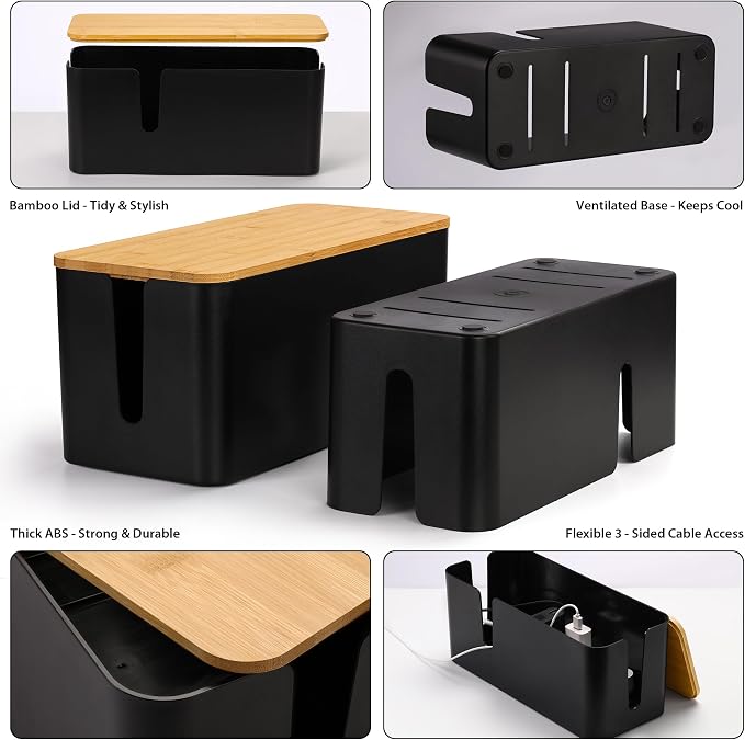 ZhiYo 2 Pack Cable Management Box, Large & XL, Power Strip Organizer, Black | Extra-Tall Design for Oversized Adapters, Fits Power Strips Up to 13.4" Long, Natural Bamboo Lid, Ideal for Desks, TV Areas