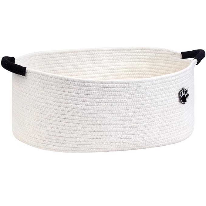 Optish Dog Toy Basket, 30L Toy Box and Bin for Dog Cat Storage, 19.7" X 11" X 7.9" Large Woven Rope Basket for Blankets, Living Room, Bedroom, White