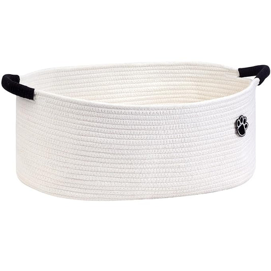 Optish Dog Toy Basket, 30L Toy Box and Bin for Dog Cat Storage, 19.7" X 11" X 7.9" Large Woven Rope Basket for Blankets, Living Room, Bedroom, White