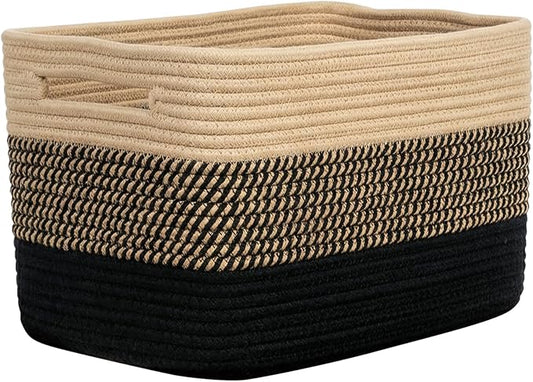 Storage Baskets for Organizing, 14 x 10 x 9” Closet Shelf Woven Baskets, Square Bins with Handles, Cotton Rope Basket for Clothes, Office, Room, Black+Brown 1Pack