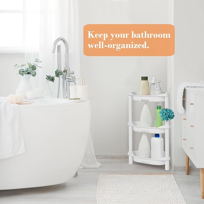 ELYKEN Corner Shower Caddy Standing, 3 Tier Plastic Shower Organizer, White | Rustproof Plastic Shower Shelves with Hook for Storing Bath Essentials in Bathroom corner, Bathtub
