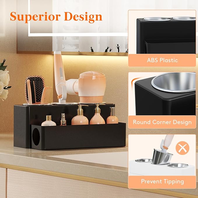 Lifewit Hair Tool Organizer Dryer Holder Countertop with 3 Cups, Black | 3 Stainless cups Tools Organizer, Acrylic body Hair Product Storage for Curling Iron, Brush, Straightener, Bathroom