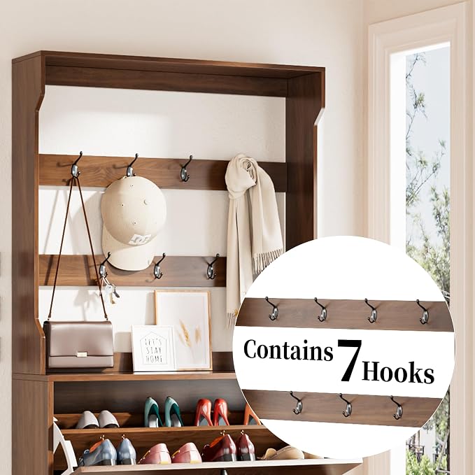 Fsbecl Shoe Storage Cabinet with 3 Fluted Flip Drawers & Coat Rack, Walnut | Slim Freestanding Shoe Organizer with Hidden Storage, Adjust Shelves, Wooden 2-in-1 Hall Tree for Entryway Foyer, 18-24 Pairs