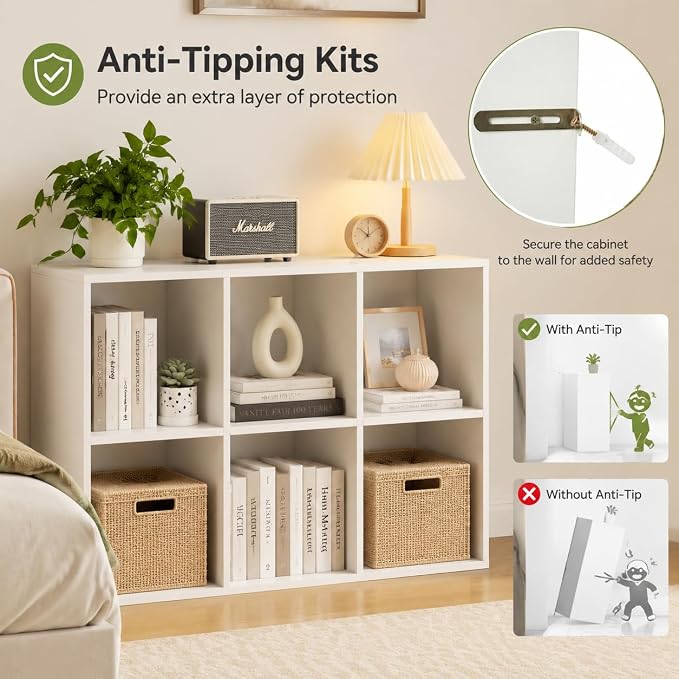 POWERSTONE 6 Cube Storage Organizer, Open Cube Bookshelf with Back Panels, Modern Display Cubby Bookcase for Bedroom Living Room Home Office, White