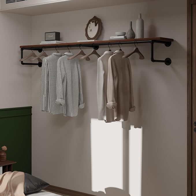 Clothes Rack 70in, Wall Mounted Garment Racks with Real Brown Wood Shelf, Heavy Duty Hanging Clothes Rack, Multi-Purpose Hanging Rod, Space-Saving Closet Storage