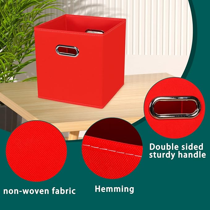 Black Foldable Storage Cubes Bins, Fabric Storage Box Cubes Organizer Baskets with Dual Handles for Home Organizer,Set of 3,(Red)