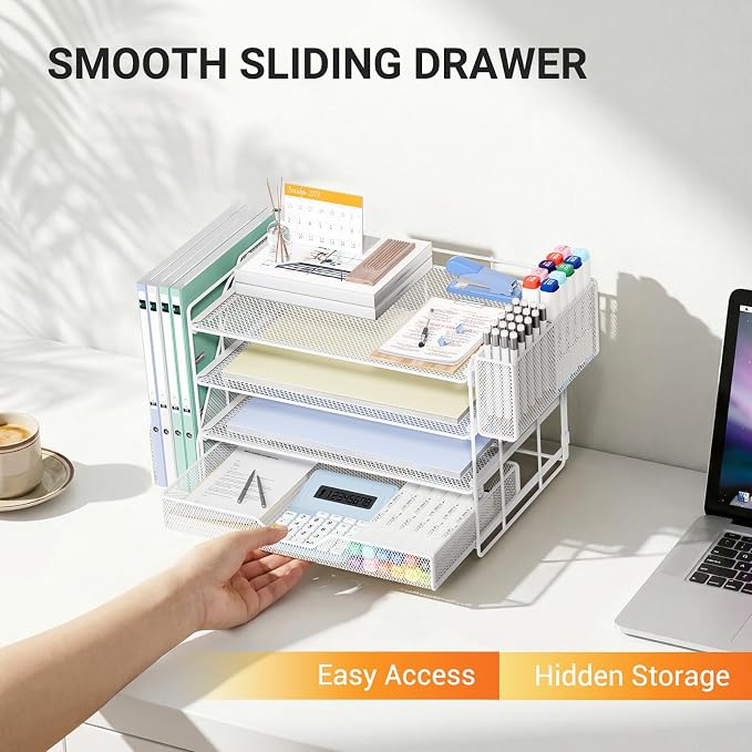 OPNICE Desk Organizer, 4-Tier Desktop File Organizer with Drawer and Pen Holders, Office Desk Accessories, File Sorters, Workspace Organizers for Office Supplies(White - Metal Pen Holder)