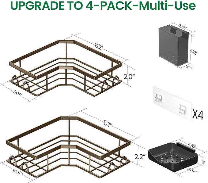 Adhesive Shower Caddy, 4 Pack Corner Bath Organizer, Rustproof Stainless Steel Shower Shelves with Large Capacity, No Drilling Shelves for Bathroom Storage, Home, Kitchen Decor(Brown).