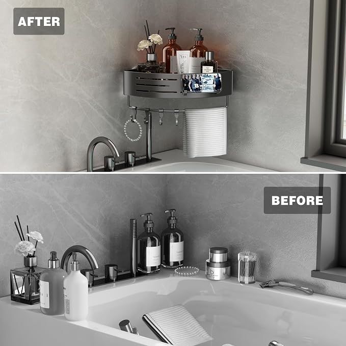 Voldra 2 Pack Corner Shower Shelves, Aluminum Stick On Showers Organizer, Modern Style, Triangular Corner Shelf, No Drilling Required