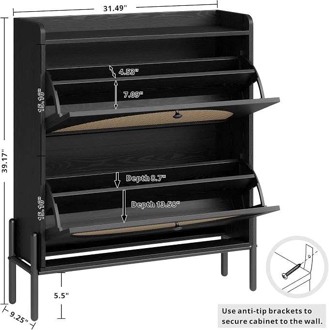 IRONCK Shoe Cabinet Storage with 2 Flip Drawers, Free Standing Wooden Shoe Storage Organizer Cabinet with Rattan Doors for Entryway, Narrow Shoe Rack Cabinet, Black