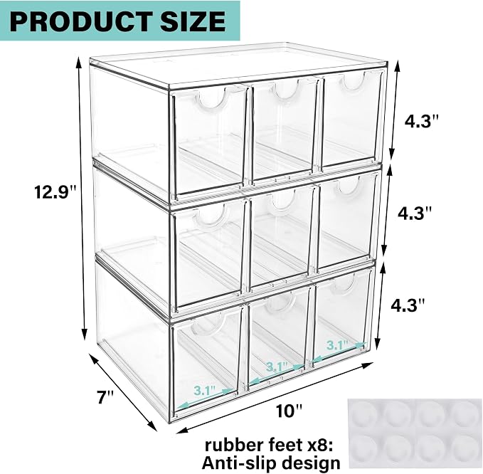 Prsildan Craft Art Supply Organizer Stackable Storage Drawer with 9 Drawers | Clear Acrylic, Tea Bag K Cup Organizer, for Kitchen Office Desk Vanity Makeup Organizer, 3 Pack