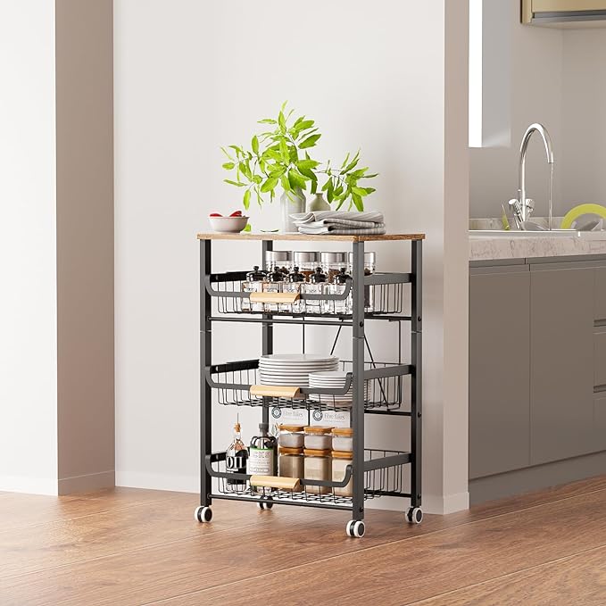 NiuYichee 4-Layer Fruit Basket Kitchen Food Storage Organizer and Storage Rack, Stackable Storage cart with Desktop, Pull-Out Hollow Metal Storage Basket, liding Out Storage,White